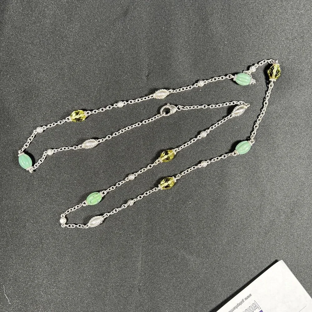 Judith Ripka Sterling Silver Green Turquoise & Lemon Quartz Station Necklace 36